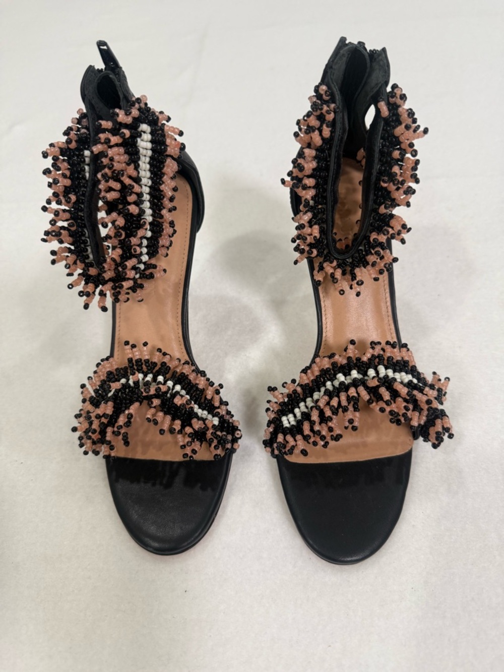 Ulla Johnson Kassia Beaded Heels featuring pink black and white fringe